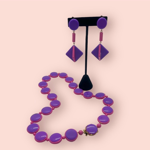 Retro Necklace & Earrings Pink & Purple Jewelry Set - Picture 2 of 11